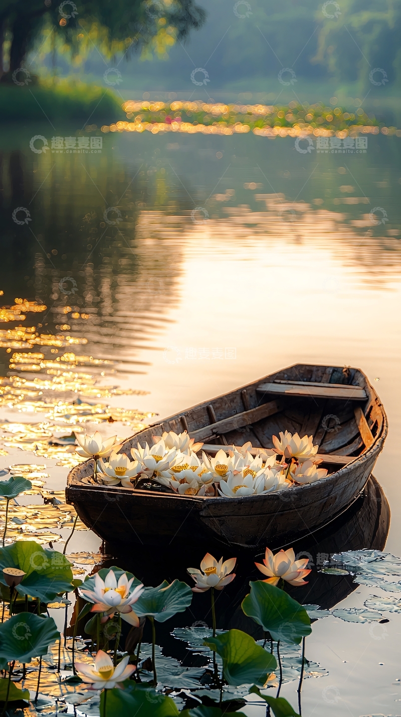 高清大图下载【趣麦麦图】湖面小船满载白色莲花