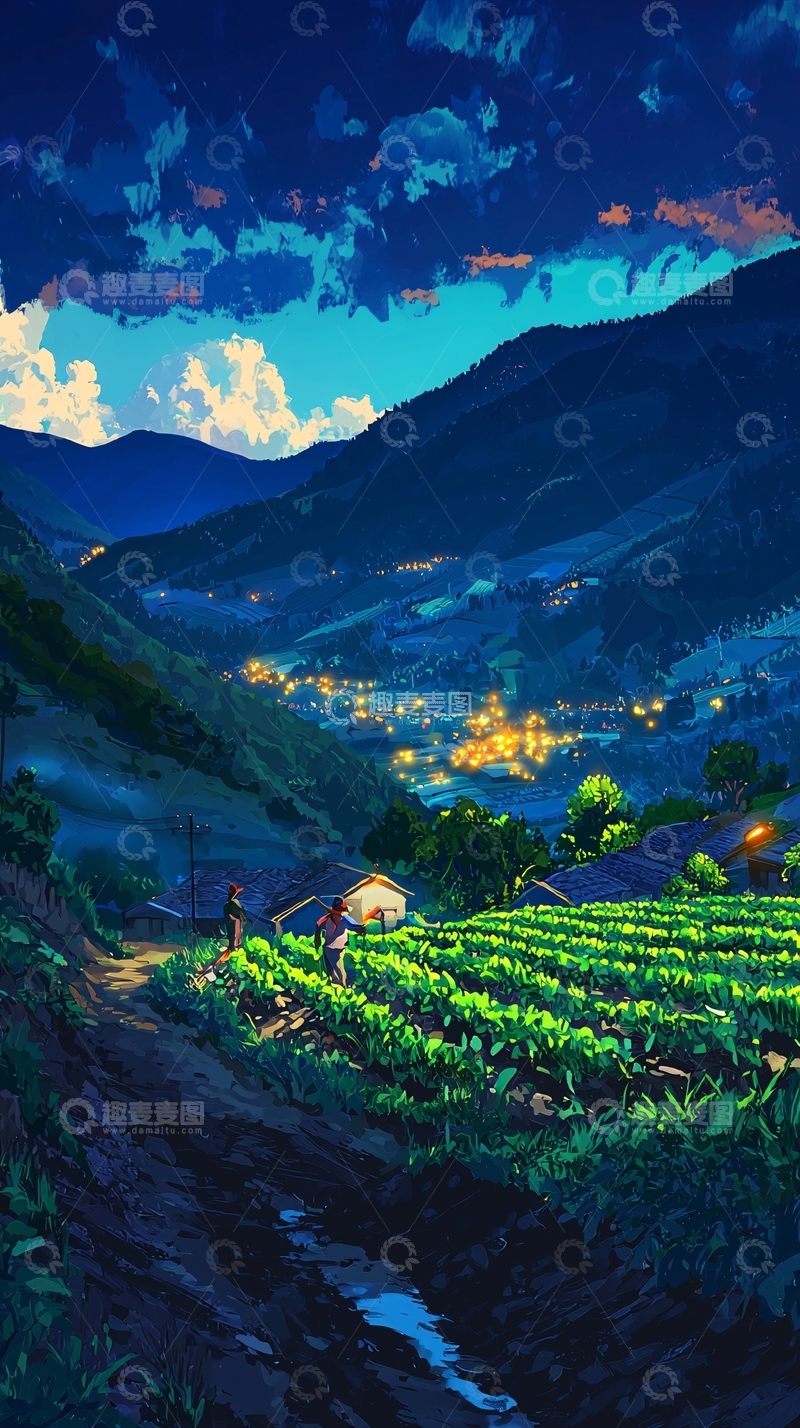 高清大图下载【趣麦麦图】夜幕下的山村田园风光