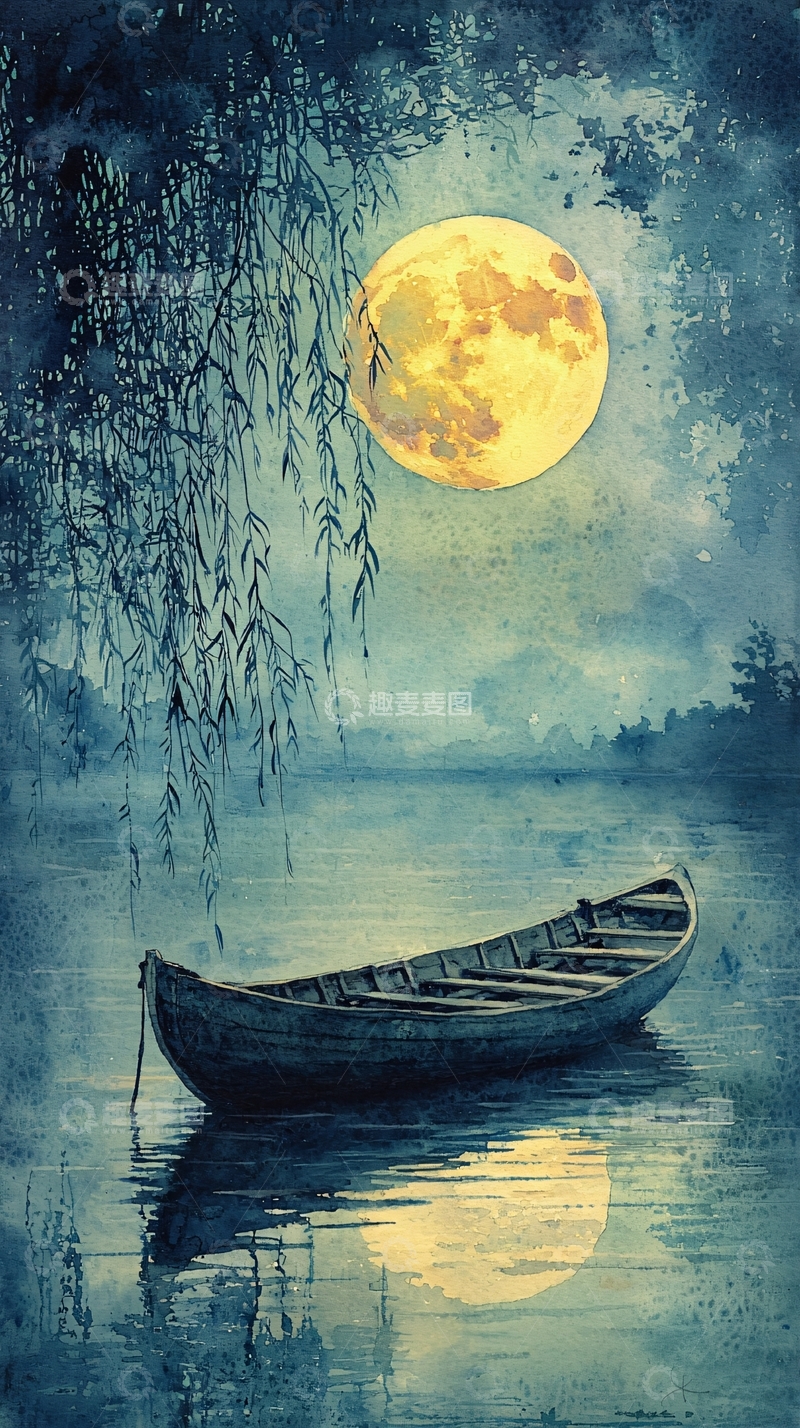 高清大图下载【趣麦麦图】月夜独舟