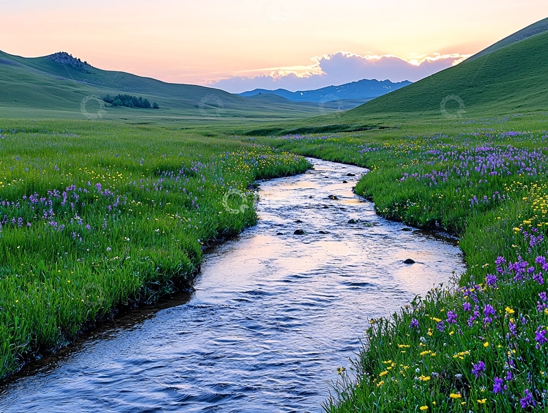 高清大图下载【趣麦麦图】草原溪流日落美景