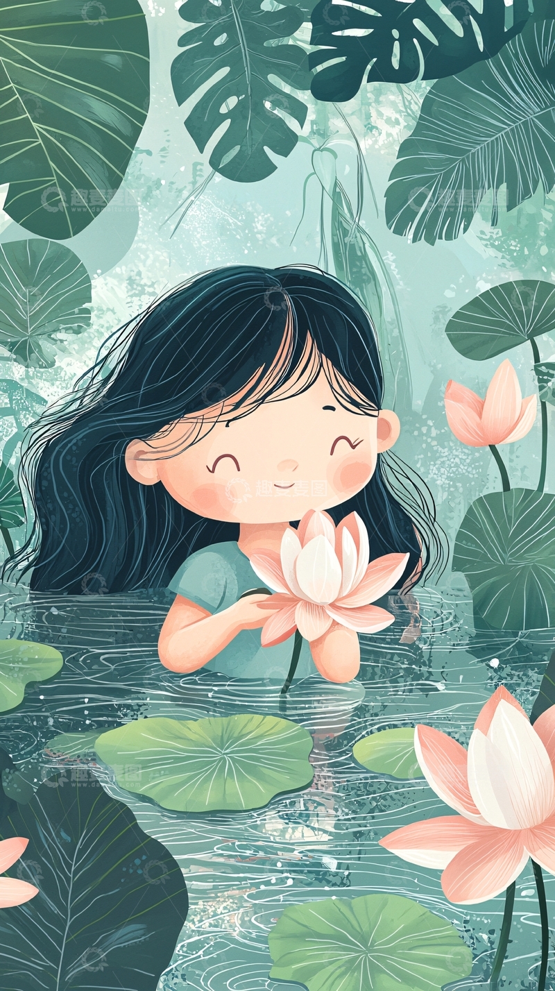 高清大图下载【趣麦麦图】可爱女孩莲花池塘