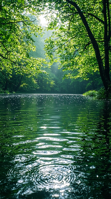 阳光透过树林洒在河面