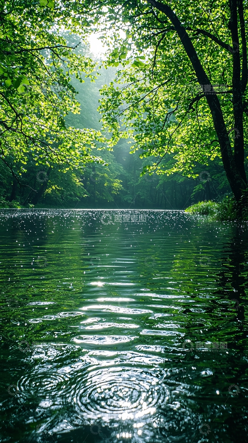高清大图下载【趣麦麦图】阳光透过树林洒在河面
