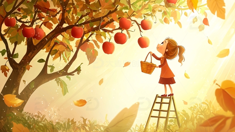 秋天采摘苹果的小女孩