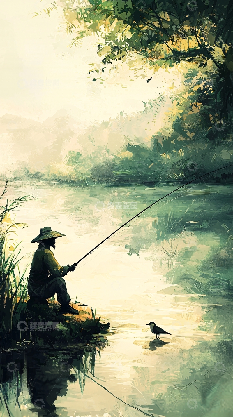 高清大图下载【趣麦麦图】宁静的河流垂钓风景