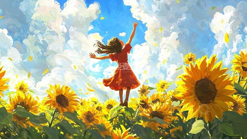 高清大图下载【趣麦麦图】红裙女孩向日葵田