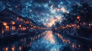 夜色下的江南水乡星空