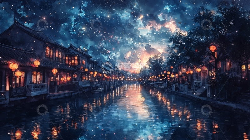 高清大图下载【趣麦麦图】夜色下的江南水乡星空