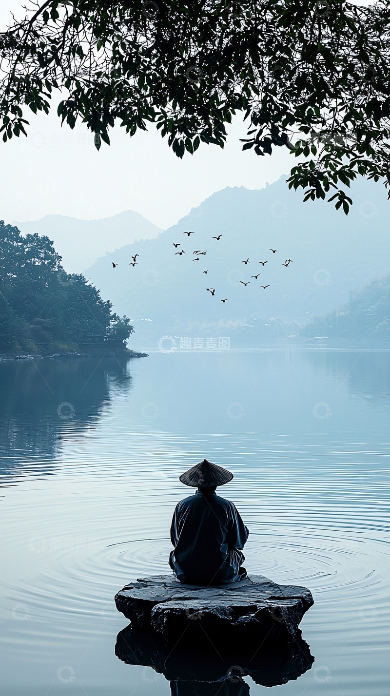高清大图下载【趣麦麦图】湖面上的禅修者