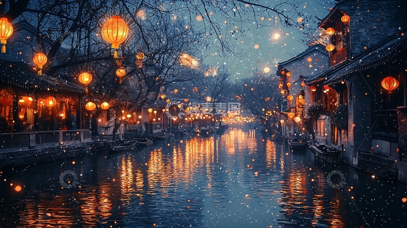 高清大图下载【趣麦麦图】夜色下的古镇灯笼雪景