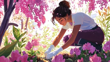 女孩在花园里种花