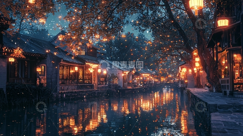 高清大图下载【趣麦麦图】夜晚古镇夜景