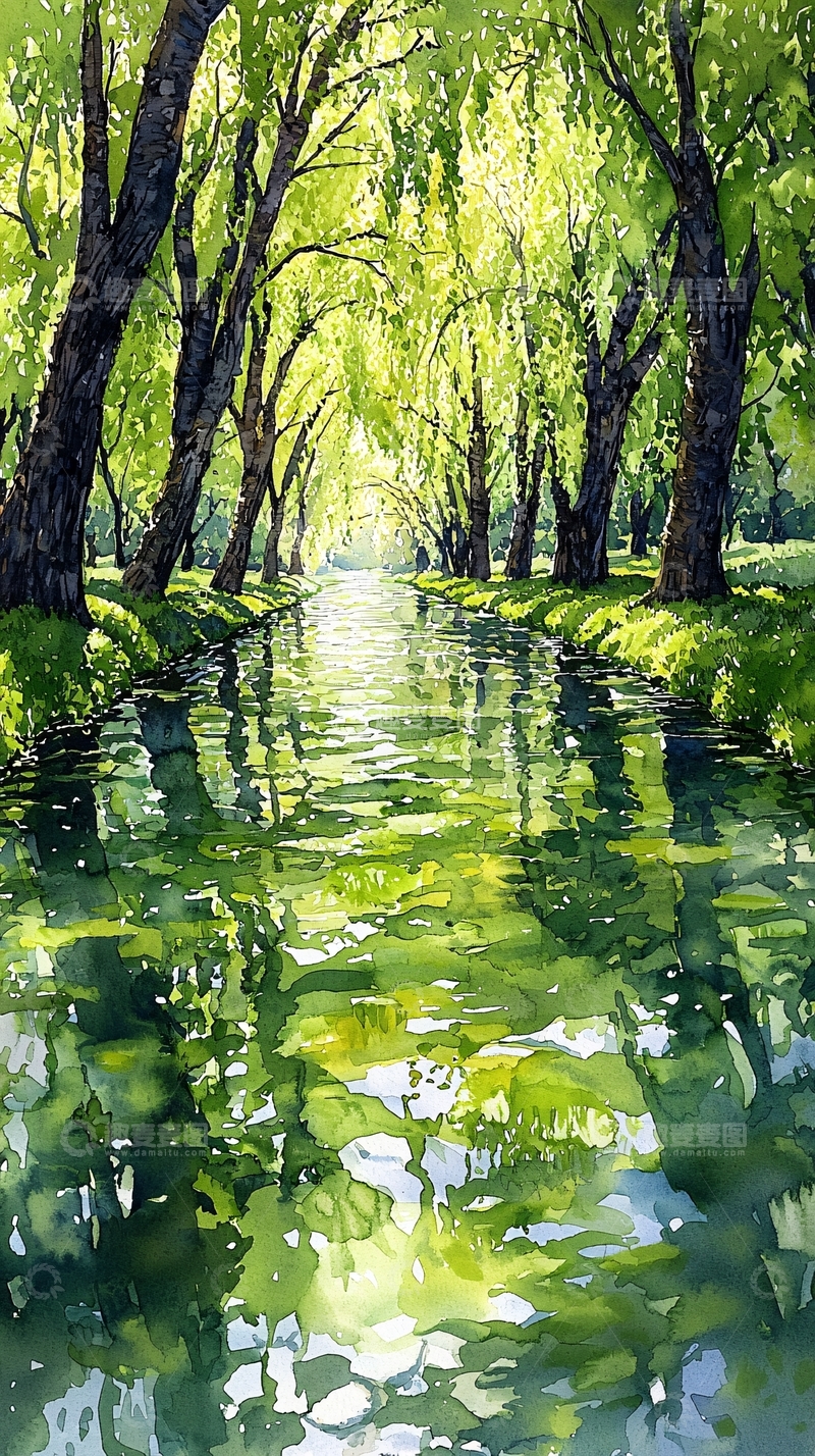 高清大图下载【趣麦麦图】阳光树荫小河