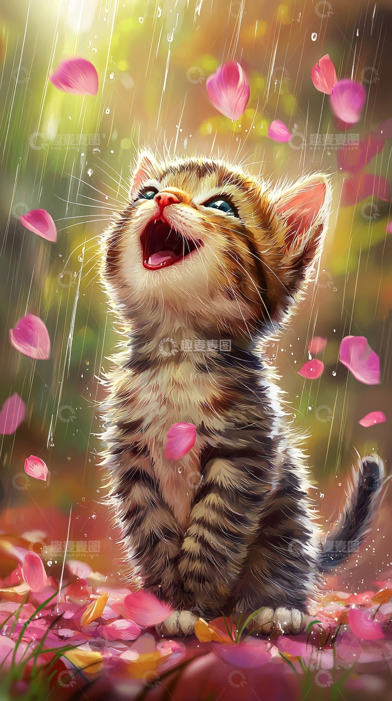 高清大图下载【趣麦麦图】雨中快乐的小猫