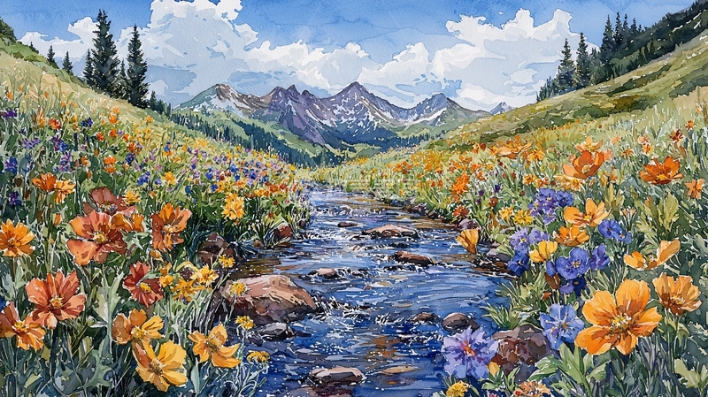 高清大图下载【趣麦麦图】鲜花盛开的山间溪流