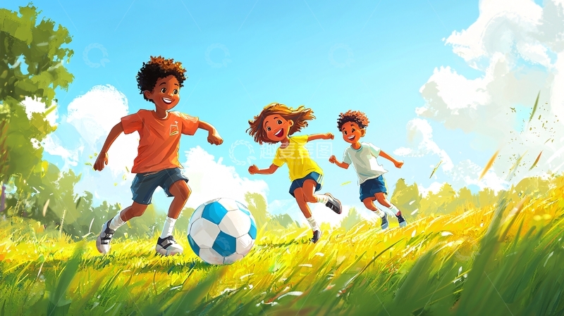 高清大图下载【趣麦麦图】阳光下快乐踢球的孩子