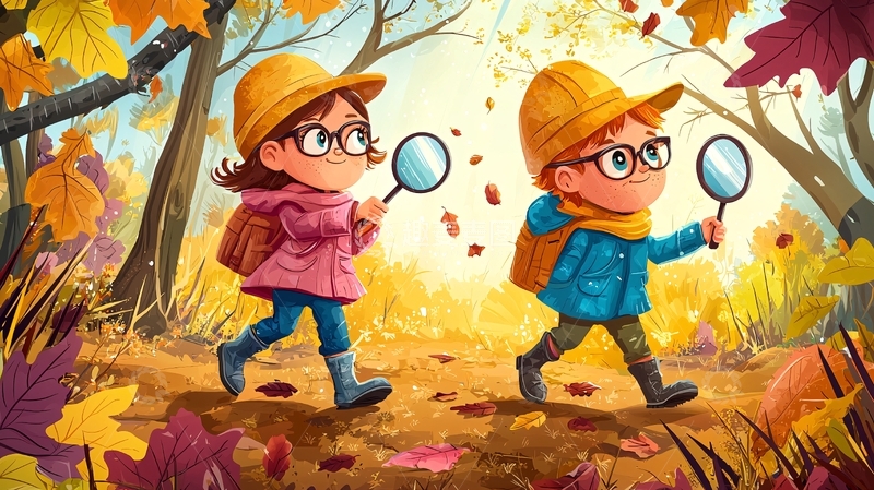 高清大图下载【趣麦麦图】秋日森林儿童探险