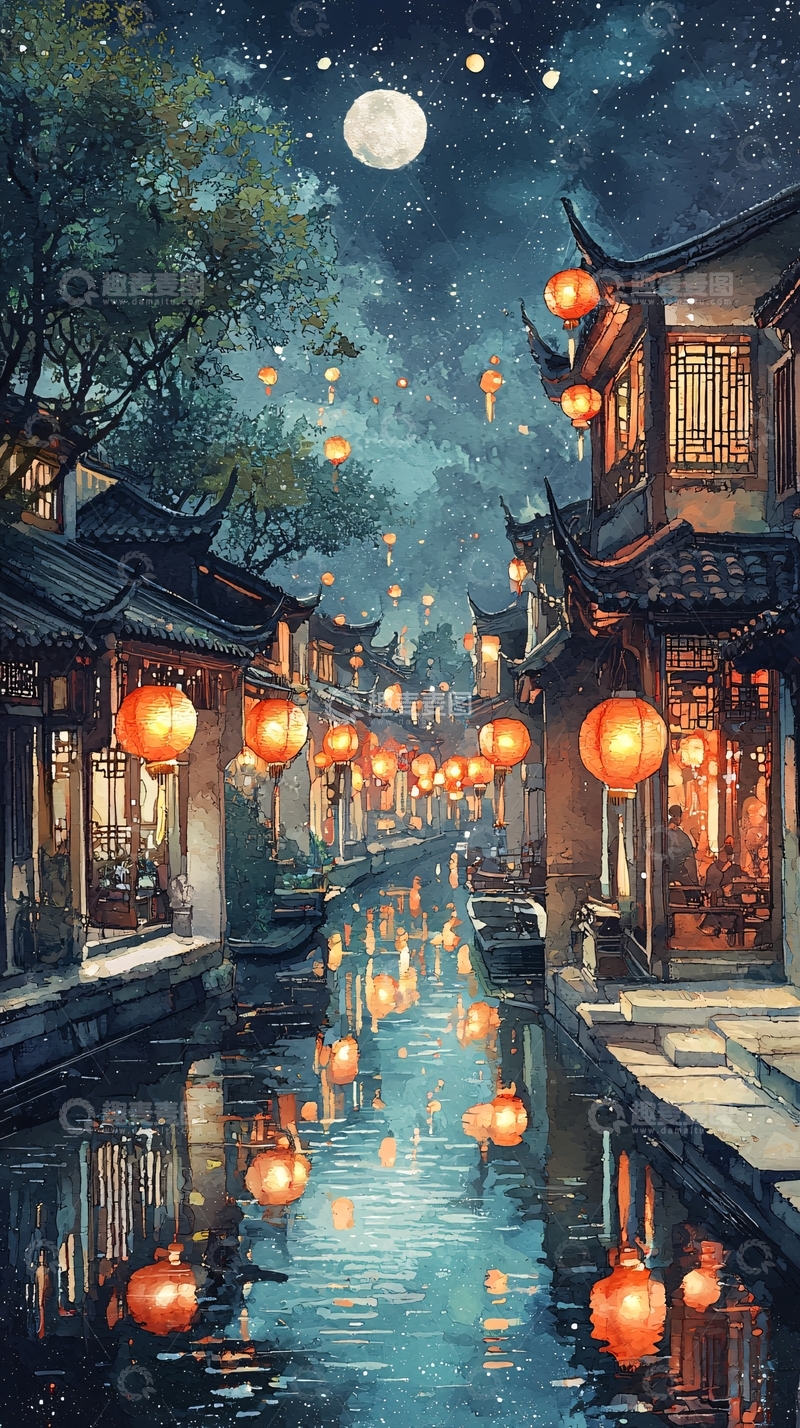 高清大图下载【趣麦麦图】中国风小镇夜景灯笼