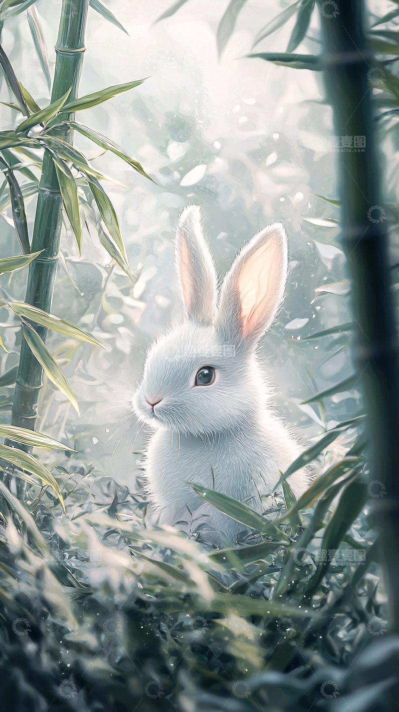 高清大图下载【趣麦麦图】白兔竹林