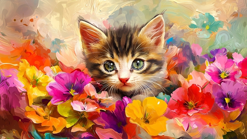 高清大图下载【趣麦麦图】小猫藏在鲜花丛中