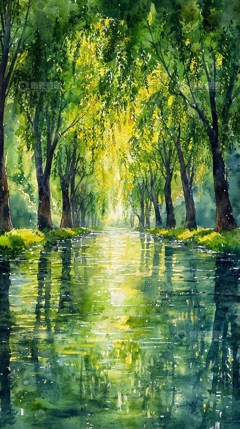 高清大图下载【趣麦麦图】绿树成荫的水中倒影