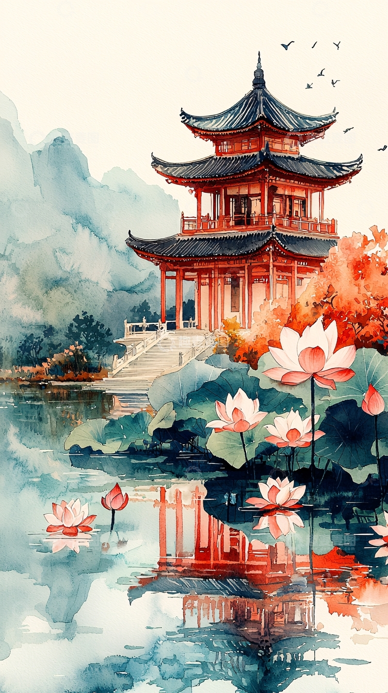 高清大图下载【趣麦麦图】水墨风亭台楼阁荷花图