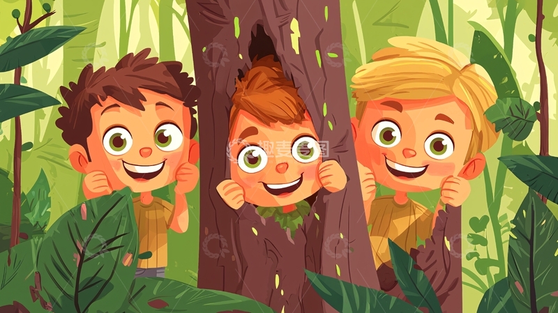 高清大图下载【趣麦麦图】三个男孩树洞里探头
