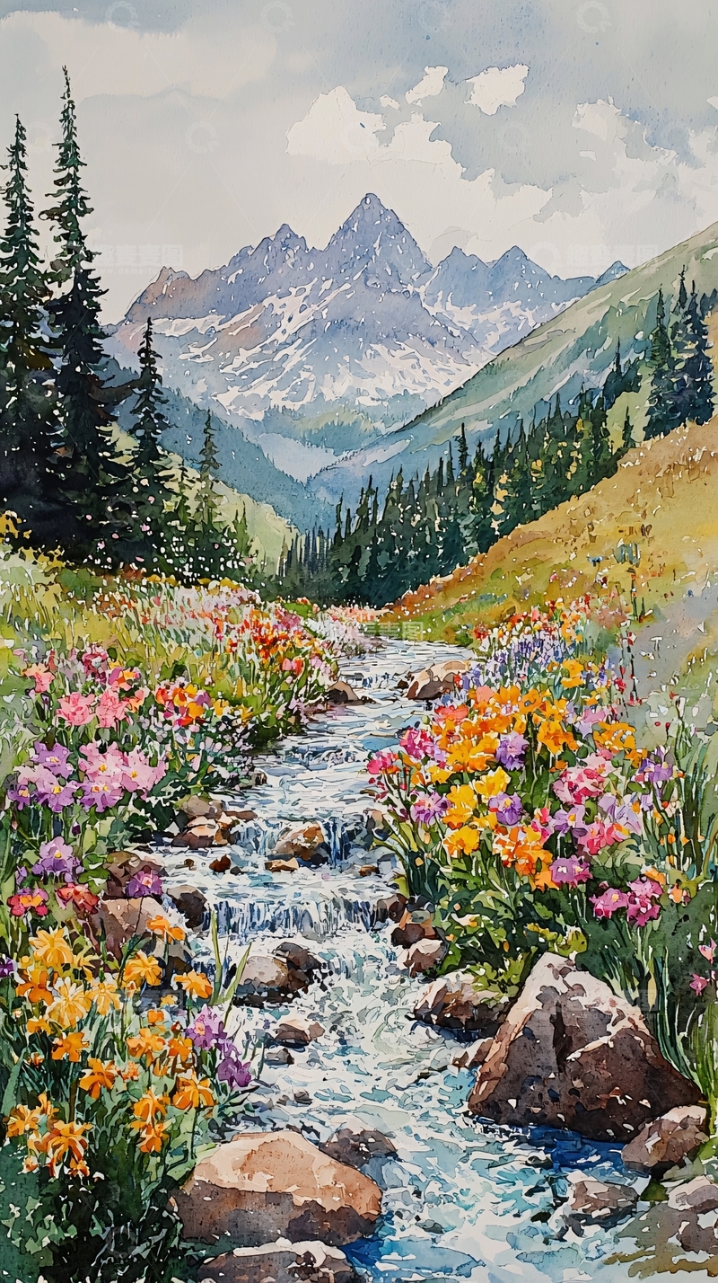 高清大图下载【趣麦麦图】鲜花盛开的山间溪流