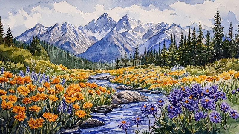 高清大图下载【趣麦麦图】水彩山景花卉