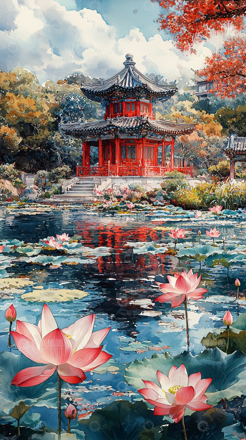 高清大图下载【趣麦麦图】红亭碧水荷花秋景
