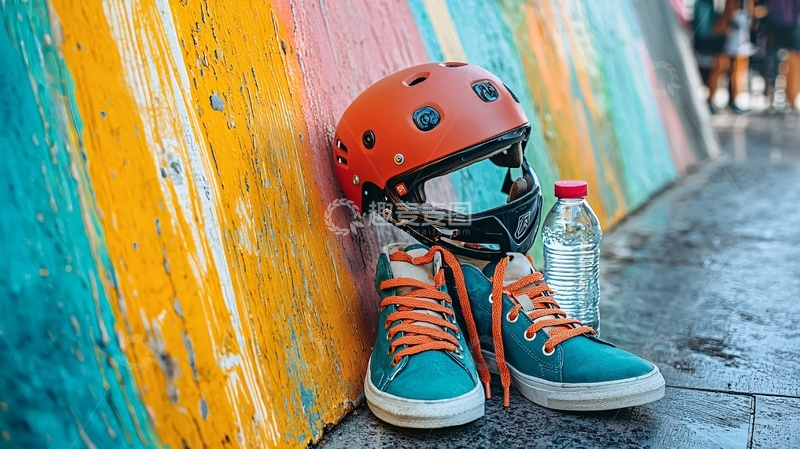 高清大图下载【趣麦麦图】彩色背景下的头盔和运动鞋