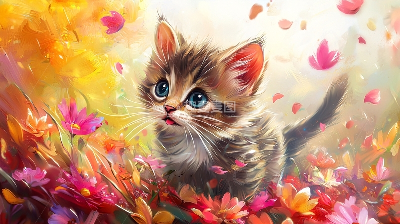 高清大图下载【趣麦麦图】可爱小猫花丛中