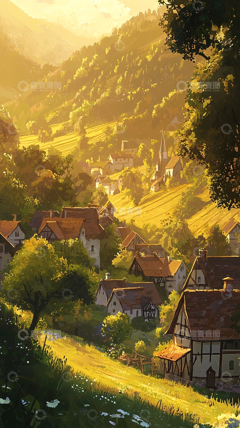 高清大图下载【趣麦麦图】山谷中金色阳光下的村庄