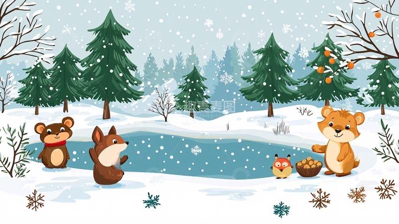 高清大图下载【趣麦麦图】冬季森林里的卡通动物