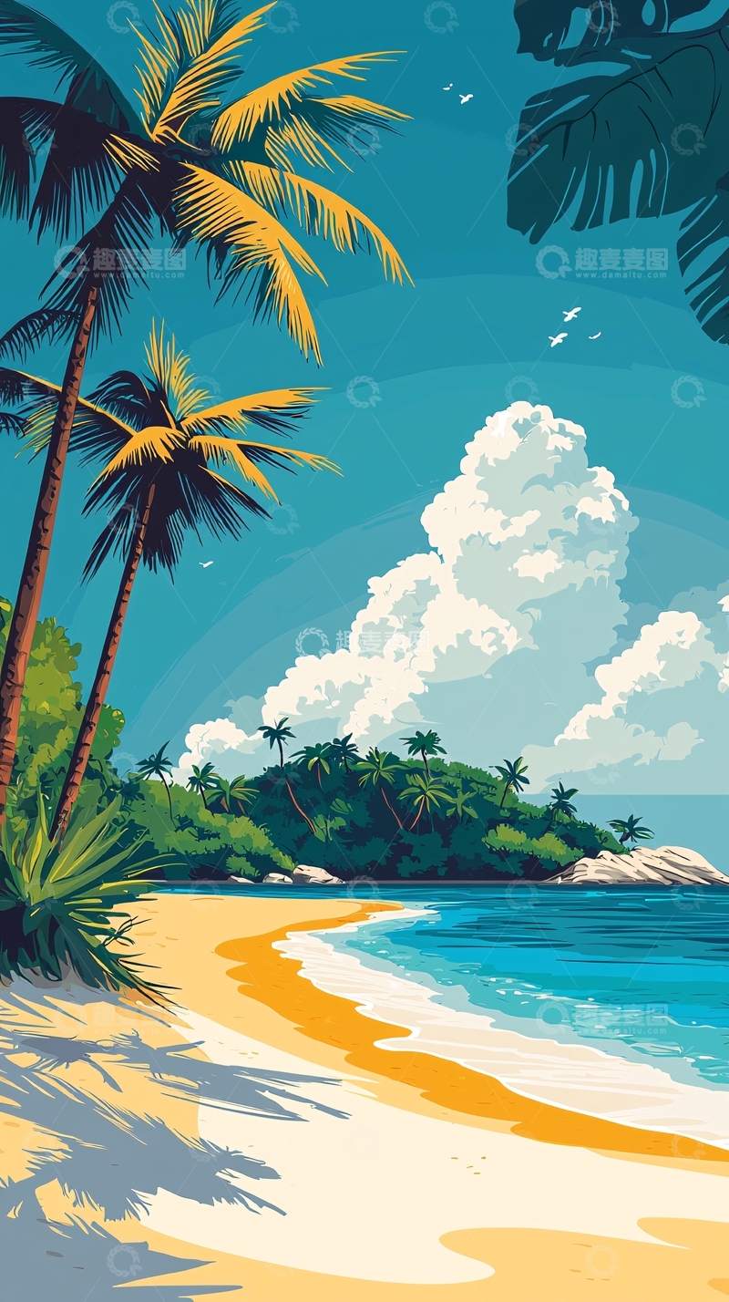 高清大图下载【趣麦麦图】热带海滩风景插画