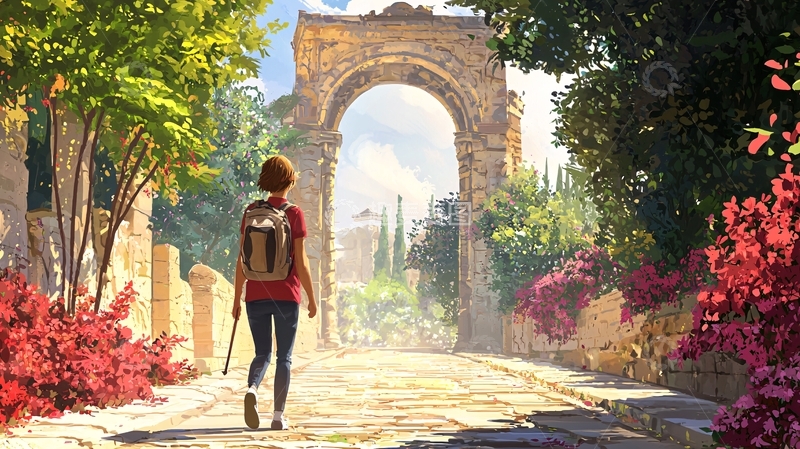 高清大图下载【趣麦麦图】阳光下古罗马遗址的女孩