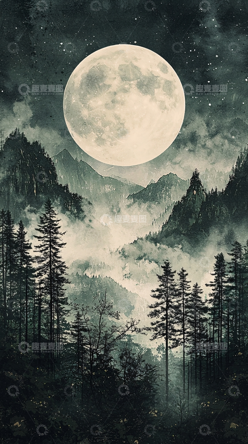 高清大图下载【趣麦麦图】极简风格月夜山林