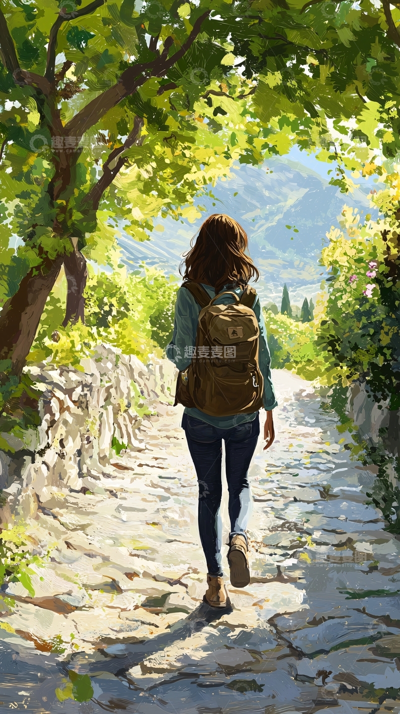 高清大图下载【趣麦麦图】女孩背着包走在乡间小路上