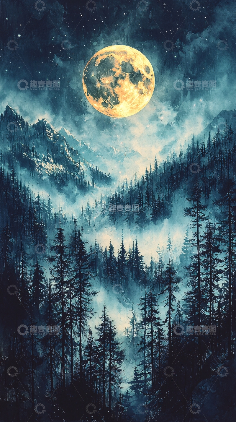 高清大图下载【趣麦麦图】月夜森林山峦