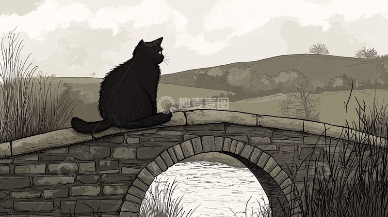 高清大图下载【趣麦麦图】黑猫坐在桥上眺望远方