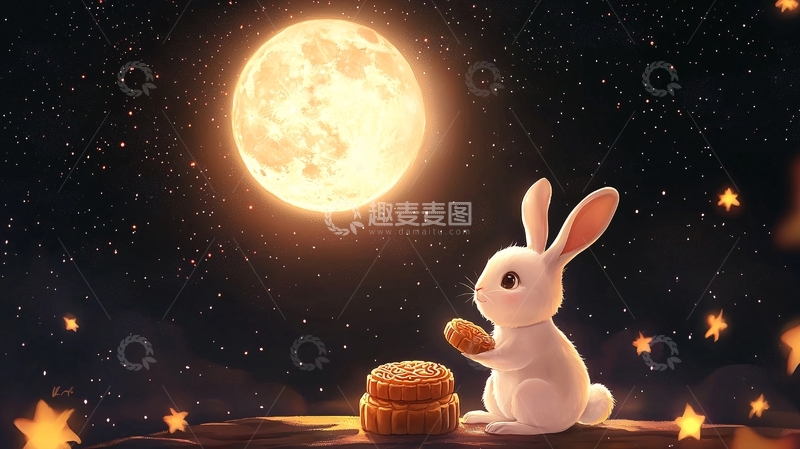 高清大图下载【趣麦麦图】中秋节兔子赏月