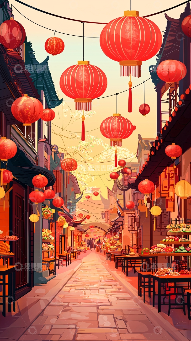 高清大图下载【趣麦麦图】中国风古镇红灯笼