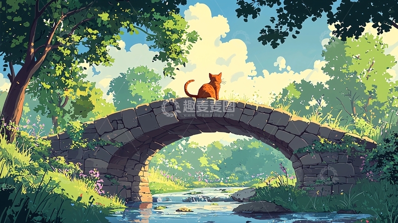 高清大图下载【趣麦麦图】阳光下猫咪桥上风景