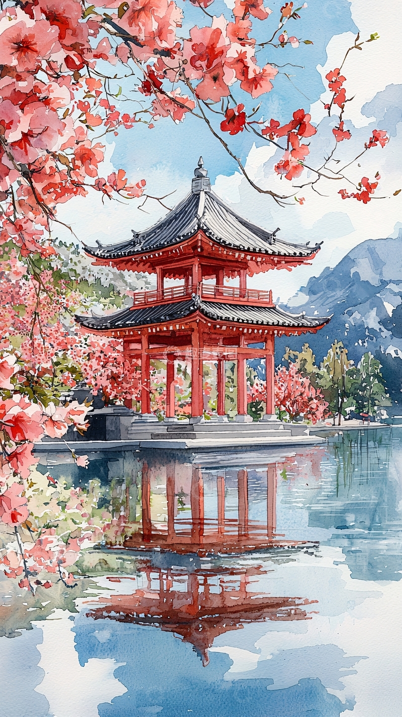 高清大图下载【趣麦麦图】红亭水榭樱花盛开