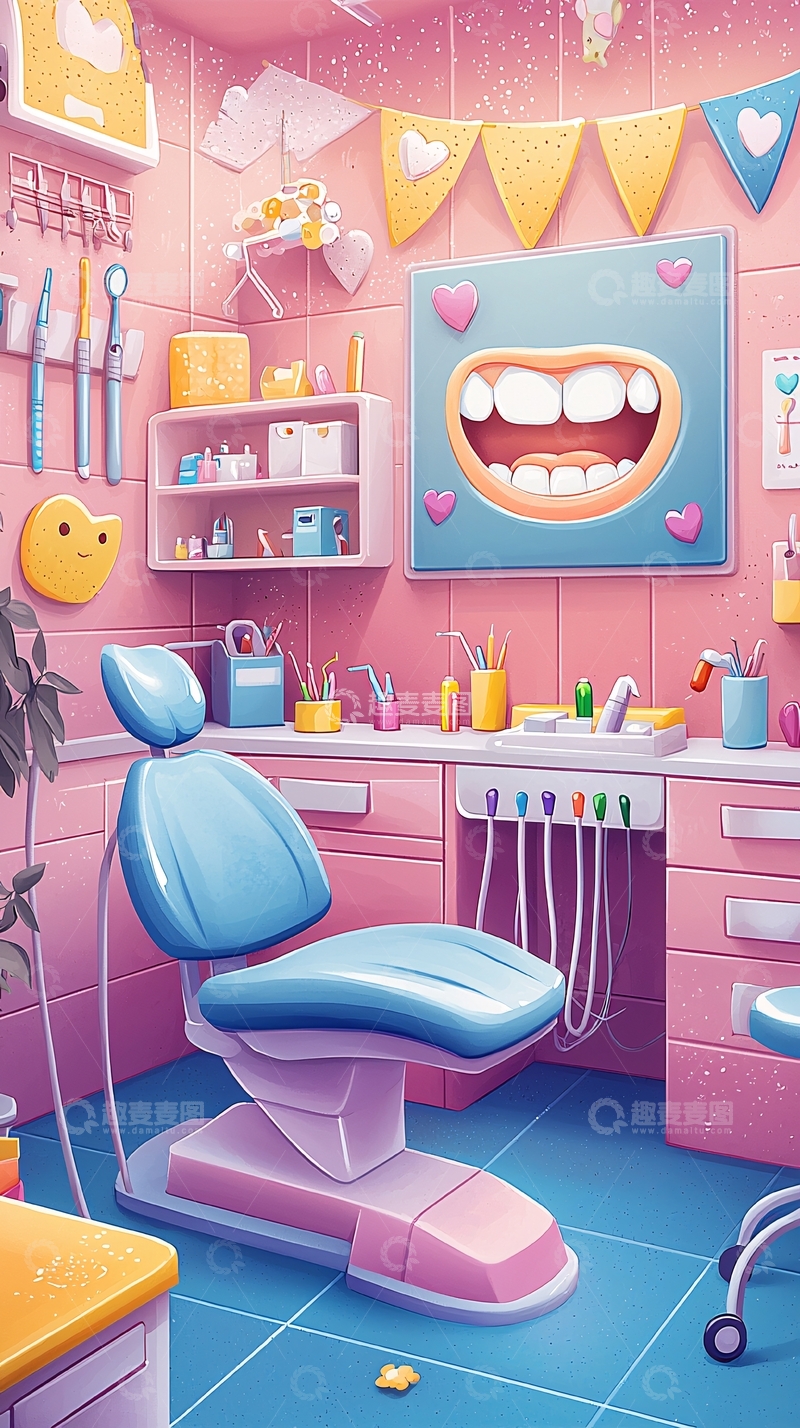 高清大图下载【趣麦麦图】粉色卡通牙医诊所