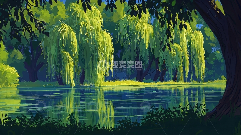 高清大图下载【趣麦麦图】垂柳湖边风景画