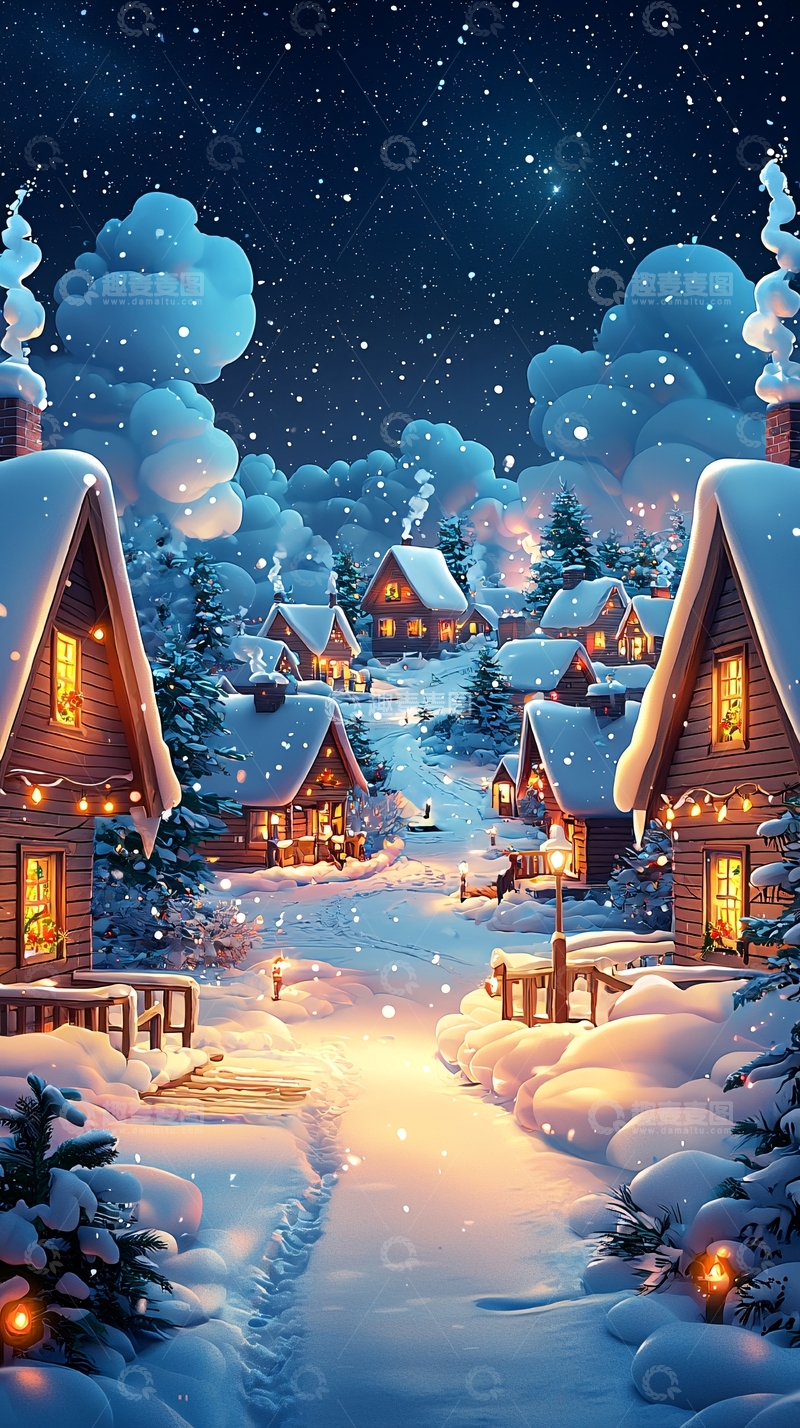 高清大图下载【趣麦麦图】冬夜雪景小镇