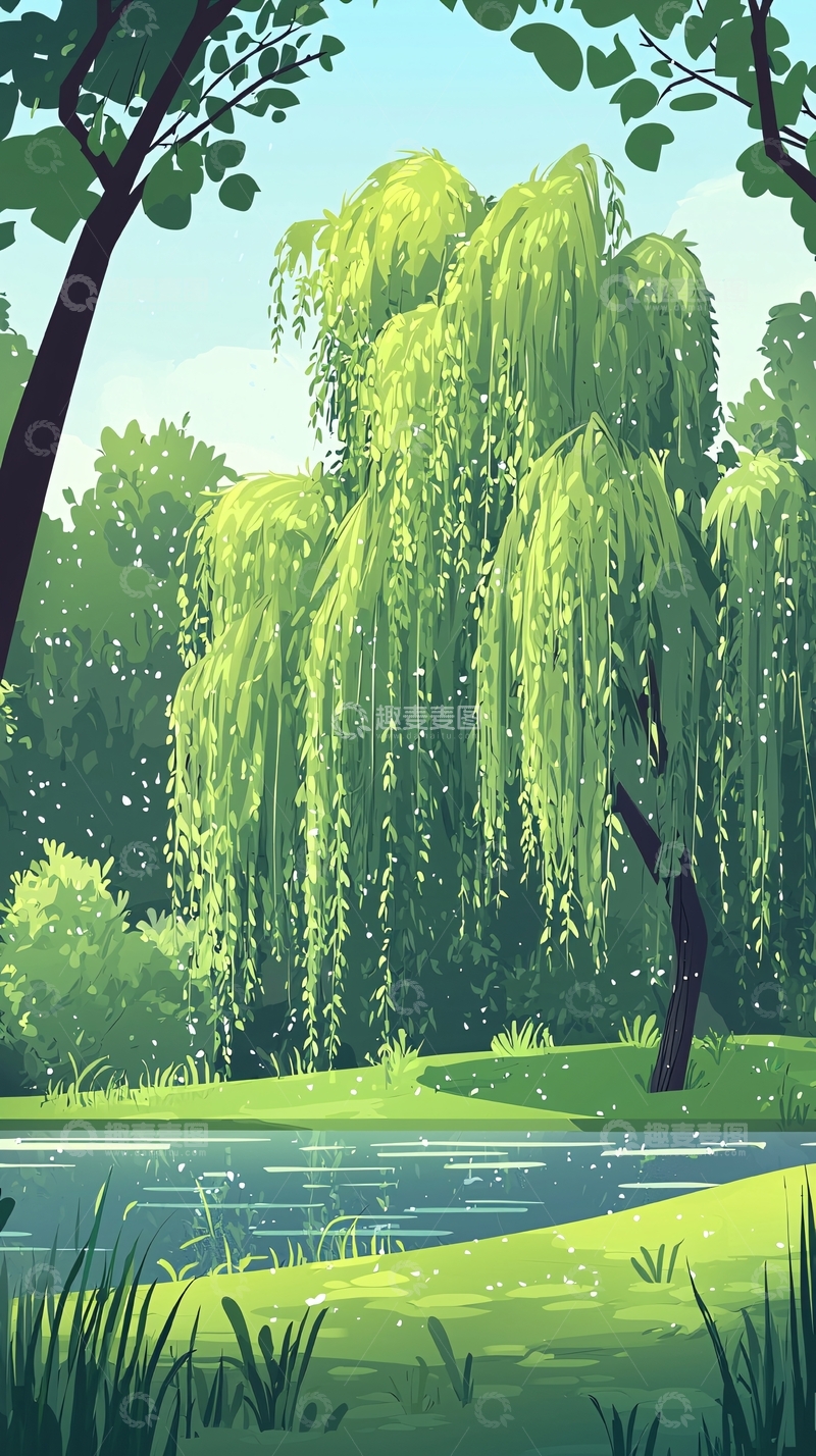 高清大图下载【趣麦麦图】垂柳湖边风景画