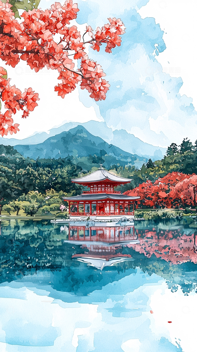 高清大图下载【趣麦麦图】水彩风格的日本寺庙樱花