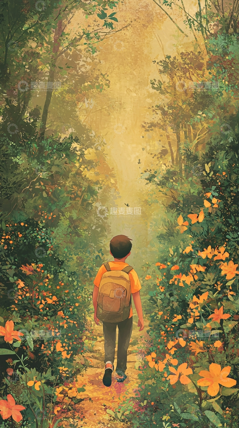 高清大图下载【趣麦麦图】男孩背着书包走在森林小路上